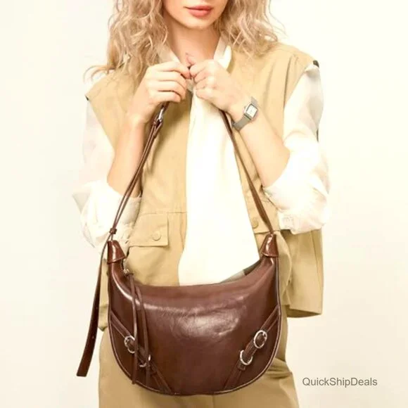Vegan Leather Hobo Shoulder Bag Adjustable Strap Compact Travel Purse